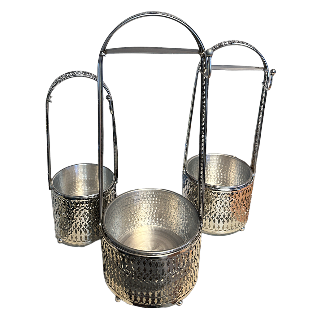 Kohlenkorb silber 3er Set mit Zangenhalter